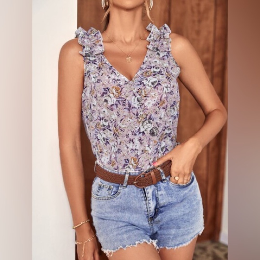 SHEIN Floral Sleeveless Ruffle Shoulder Blouse Size Large